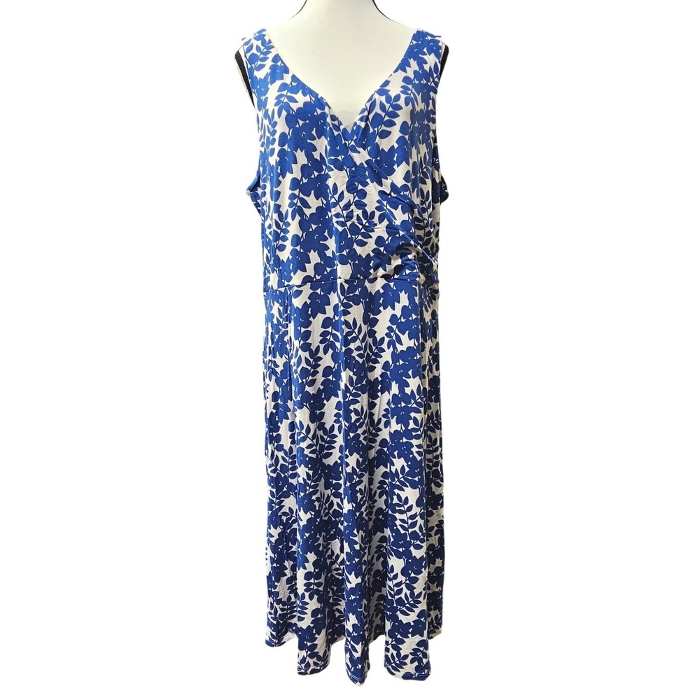 Boden Maxi Dress Womens 18L Blue White Floral Leaf Faux Wrap V-Neck Garden Party
